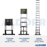 Telescopic ladder 14.5 ft (4,40 m) with telescopic stabiliser bar – ALDORR Professional