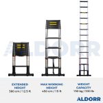 Telescopic ladder 12.5 ft (3,80 m) with telescopic stabiliser bar – ALDORR Professional