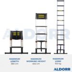 Telescopic ladder 12.5 ft (3,80 m) with telescopic stabiliser bar – ALDORR Professional