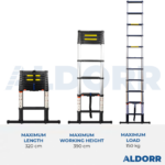 Telescopic ladder 10.5 ft (3,20 m) with telescopic stabiliser bar – ALDORR Professional